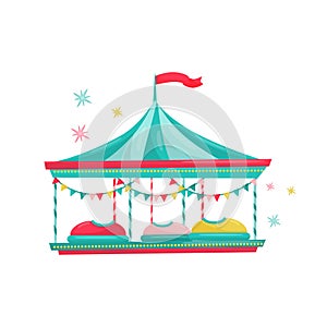 Bumper cars ride. Fun carnival attraction for kids. Amusement park equipment. Entertainment theme. Flat vector icon