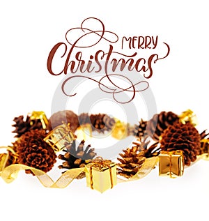 Bumps and Golden gifts on white background with text Merry Christmas. Calligraphy lettering