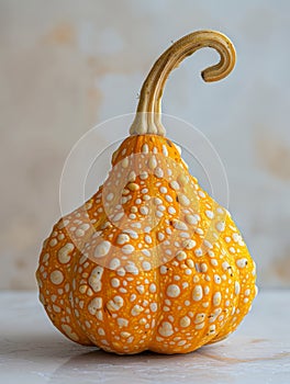 Bumpy orange gourd with a curved stem on a neutral background.