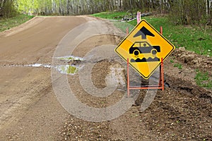 A bumpy road ahead sign with a large pothole photo