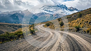 A bumpy and uneven gravel road bordered by snowcapped peaks challenging drivers with unpredictable twists and turns photo
