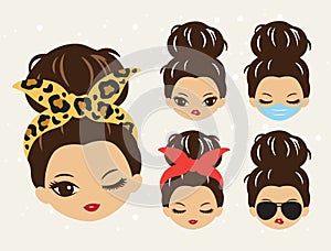 Cute Girls with Messy Bun and Bandana Hairstyle Vector photo