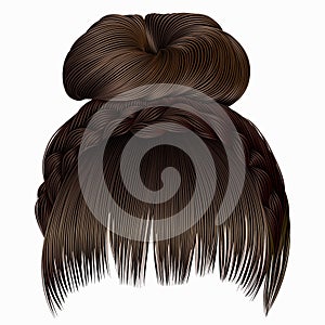 bun with plait and fringe. hairs brown light colors . women fashion beauty style .