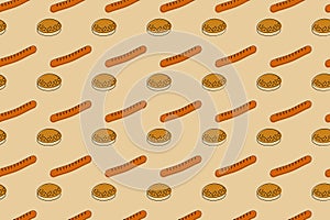 Bun with sesame seeds and sausage are the main elements of hotdog in a seamless pattern. Fast food