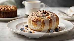 Bun on a white plate, baked goods. Isolated