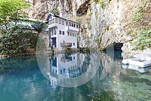 Buna River spring, Vrelo Buna, with 16th Century Tekke, at Blagaj Village, in Mostar, Bosnia-Harzegovina.