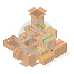 Bunch of 3D cardboard boxes, vector illustration