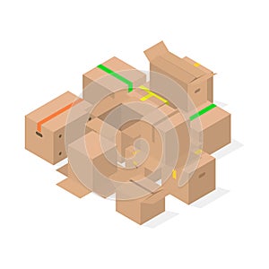 Bunch of 3D cardboard boxes, vector illustration