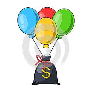 Bunch of air balloons, group of ball with ribbon, money bag with dollar sign isolated on white background. Colorful. Business,