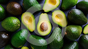 A bunch of avocados are arranged in a circle with one half cut off, AI photo