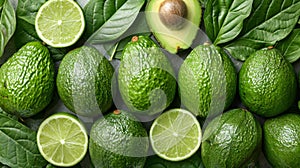 A bunch of avocados and limes with leaves on them, AI