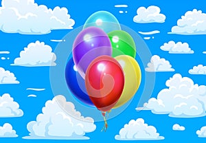 Bunch balloons in clouds. Cartoon blue cloudy sky and colorful 3d glossy balloons vector illustration