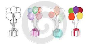 A bunch of balloons with gift tied