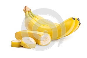 Bunch of banana fruits and cut bananas isolated