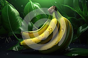 Bunch of bananas with water drops on dark background. 3d illustration