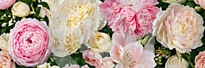 A bunch of beautiful white and pink roses for wedding decoration Generative AI