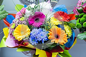 bunch of big fresh orange pink red gerbera chamomile and big white yellow blue chrysanthemum flower