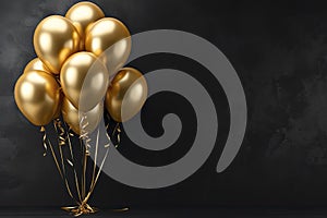 Bunch of big golden balloons objects for birthday party isolated on a black background
