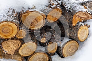 Bunch of big sawn firewood for country house heating fully covered with snow placed outside on ground on backyard in