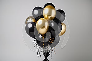 A bunch of black and gold helium balloons