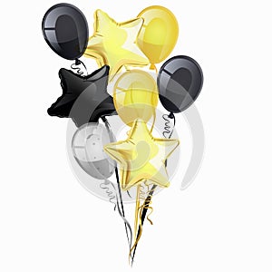 Bunch of black, golden, silver helium balloons isolated on white background. Vector clipart