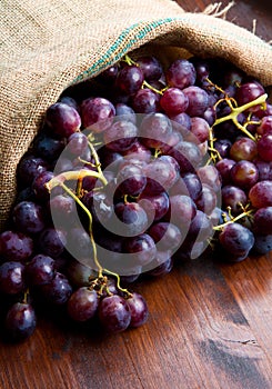 Bunch black grapes on wooden background