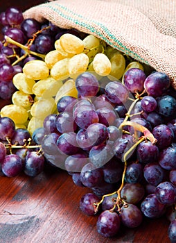 Bunch black and green grapes on wooden background