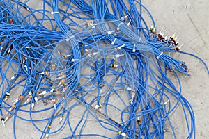 Bunch of blue cables with connectors