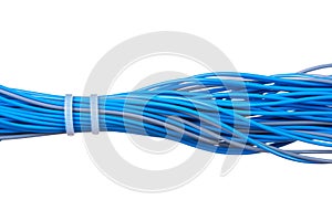 Bunch of blue fiber optic cable network isolated on white