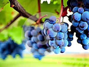 A bunch of blue grapes on a grape plant in the vineyard