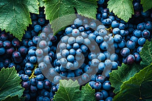 Bunch of blue grapes on green leaf. Generative AI
