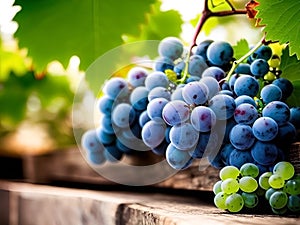 A bunch of blue and green grapes on a grape plant in the vineyard