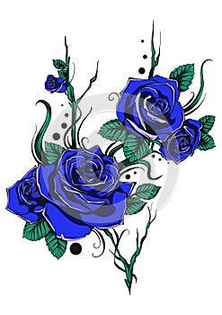 Bunch of blue roses with leaves and flowers