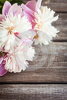 Bunch, bouquet of pink peonies on a wooden background. Frame of flowers