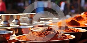 A bunch of bowls filled with different colored powders on a table, AI