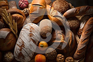 A bunch of breads and bread rolls on a table. AI generative image.