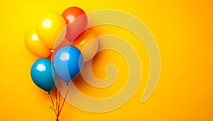 Bunch of bright balloons on color background. Space for text photo