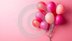 Bunch of bright balloons on color background. Space for text photo