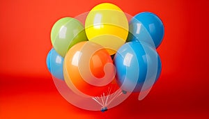 Bunch of bright balloons on color background. Space for text photo