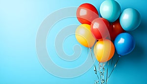 Bunch of bright balloons on color background. Space for text photo