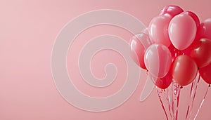 Bunch of bright balloons on color background. Space for text photo