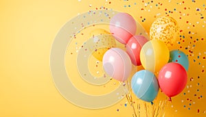 Bunch of bright balloons on color background. Space for text photo