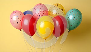 Bunch of bright balloons on color background. Space for text photo