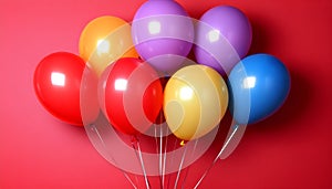 Bunch of bright balloons on color background. Space for text photo