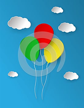 Bunch of bright paper balloons on blue background.