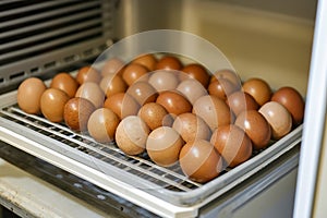 A bunch of brown eggs sitting on top of a metal rack