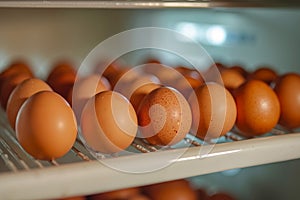 A bunch of brown eggs sitting on top of a shelf in an oven