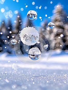 A bunch of bubbles floating in the air in the snow