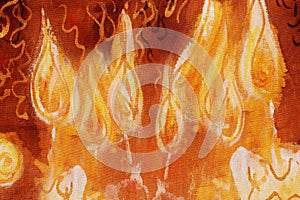 Bunch of burning candles with ornamental lines, painting detail