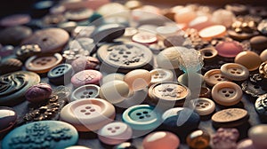 a bunch of buttons that are sitting on a table together, all of them are different colors and sizes, and the buttons have a lot